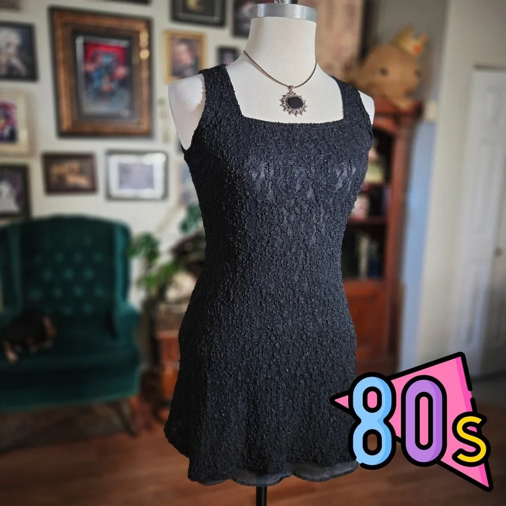 Vintage 80s Black Lace Square Neck Sleeveless‎ Mini Dress Flirty Party